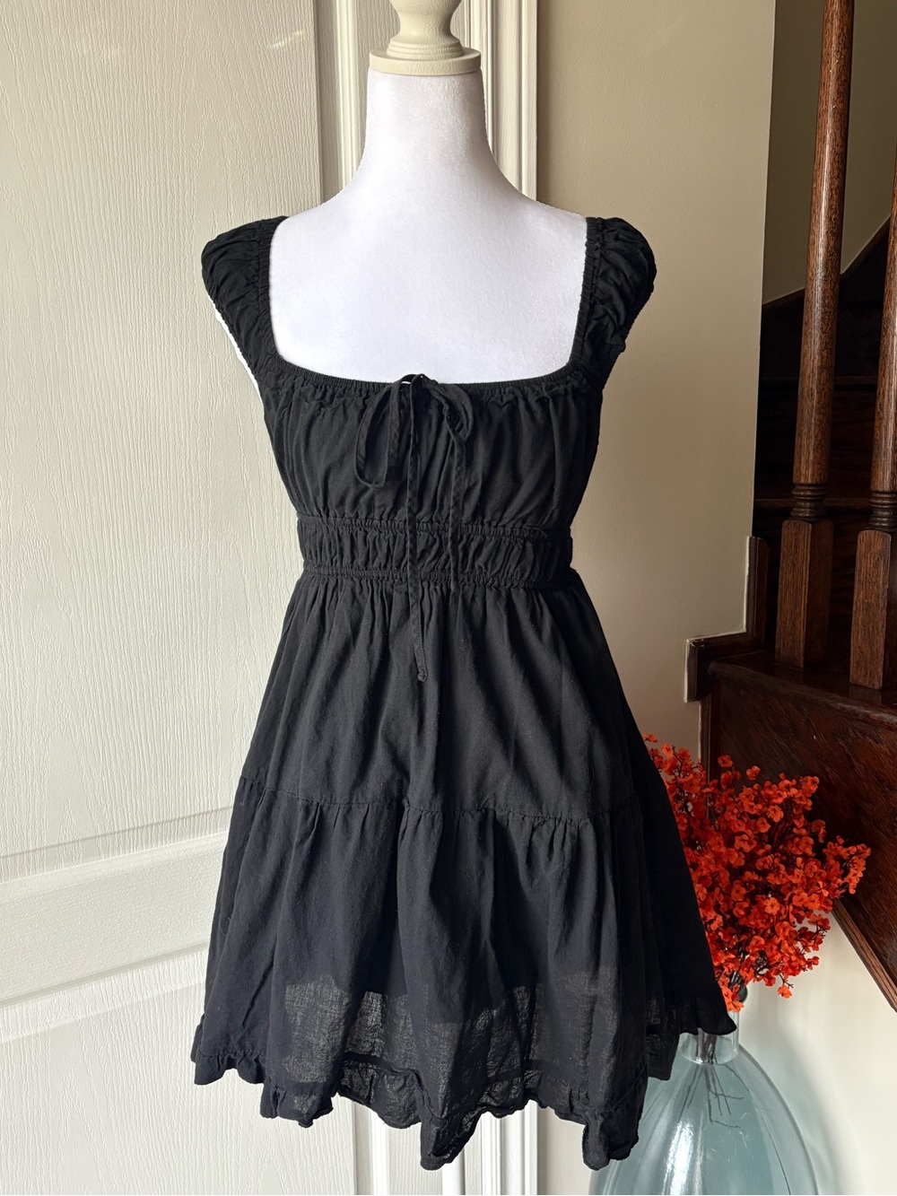 Black Square-Neck Milkmaid Mini Dress with Bow